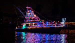Sail boat decorated in Christmas lights